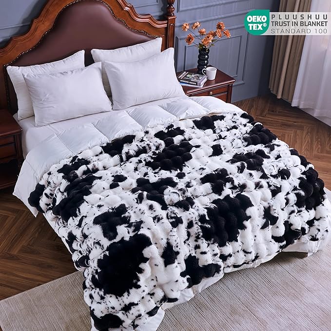 Faux Fur Throw Blanket for Couch, Fluffy Fuzzy Plush Bubble Blanket, Soft Warm Cozy Shaggy Rabbit Blanket, Luxury Decorative Gifts for Sofa Bedroom Living Room, 60x50inch (Cow Print-Black)