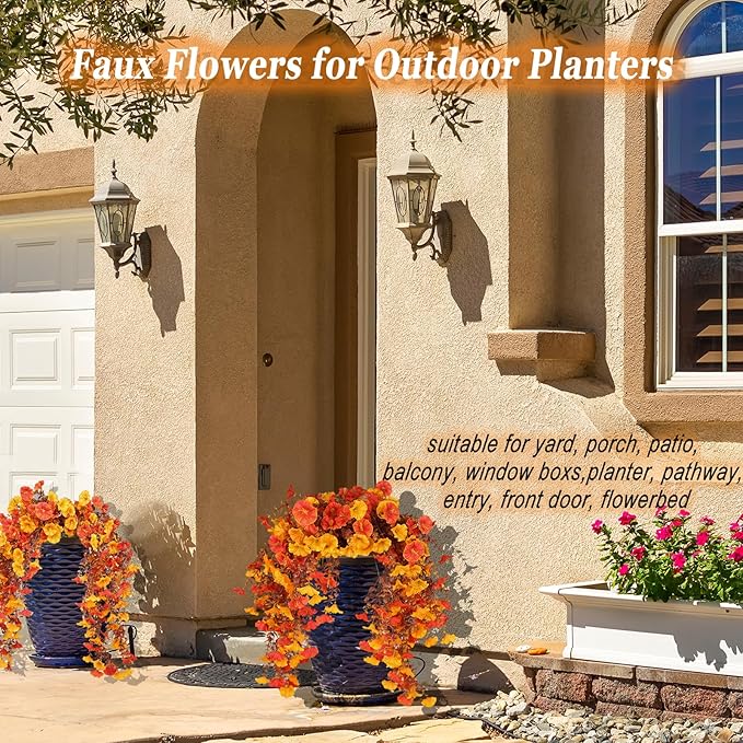 Fake Mums Morning Glory Hanging Flowers, 4 pcs Fall Faux Flowers for Outdoor Planters, Fake Mums for Yard Patio Lawn Garden, Real Touch Fake Flowers Fall Porch Decor, Autumn Floral Decor