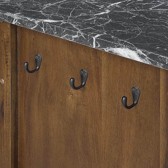 OSP Home Furnishings Fairmont Modern Farmhouse Kitchen Cart, Rolling Storage Cabinet with Drawer, Shelves, Hooks, Towel Bar, Oak Wood Finish with Faux Marble Top