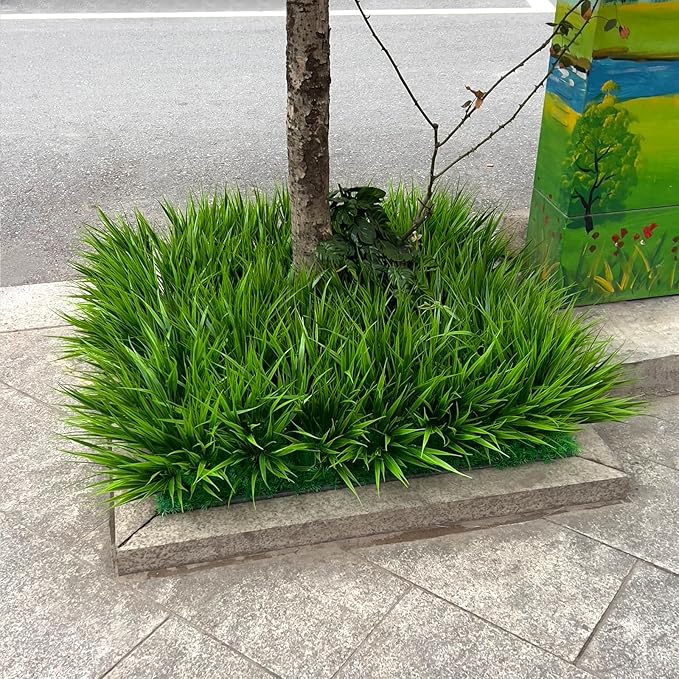 Faux Outdoor Plants 12 Bundles Artificial Boxwood Shrubs Grass Fake Greenery Green Plastic Leaf for Groud Planter Front Porch Patio Decor (12 Bundles Green Grass Plants)