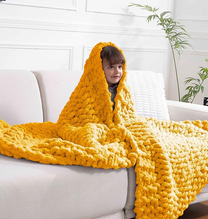 clootess Chunky Knit Blanket Knitted Throw Crochet Chenille Yarn Woven for Bed Sofa Textured Thick Cable Decor (Turmeric 40x60 in)