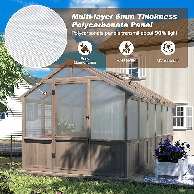 BlueWish 8x12 FT Greenhouse for Outdoors, Wood Green House with Cedar Frame & 6MM Thick Polycarbonate Panel, Walk in Greenhouse with Adjustable Vents for Outdoor, Patio, Garden, Backyard