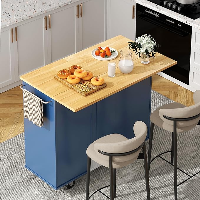 Shintenchi Kitchen Island with Folding Drop Leaf, Rolling Island Table with Storage, Kitchen Cabinet on Wheels with Seating Area for Kitchen, Bar Cart with Cabinet, Blue