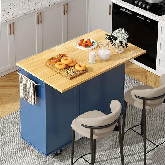 Shintenchi Kitchen Island with Folding Drop Leaf, Rolling Island Table with Storage, Kitchen Cabinet on Wheels with Seating Area for Kitchen, Bar Cart with Cabinet, Blue