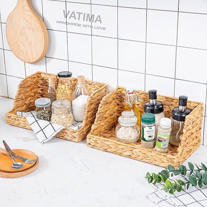 VATIMA Water Hyacinth Storage Baskets with Large Open-Front for Kitchen, Decorative for Living Room, 13.4” x 9.5” x 5.5”, 2 Pack
