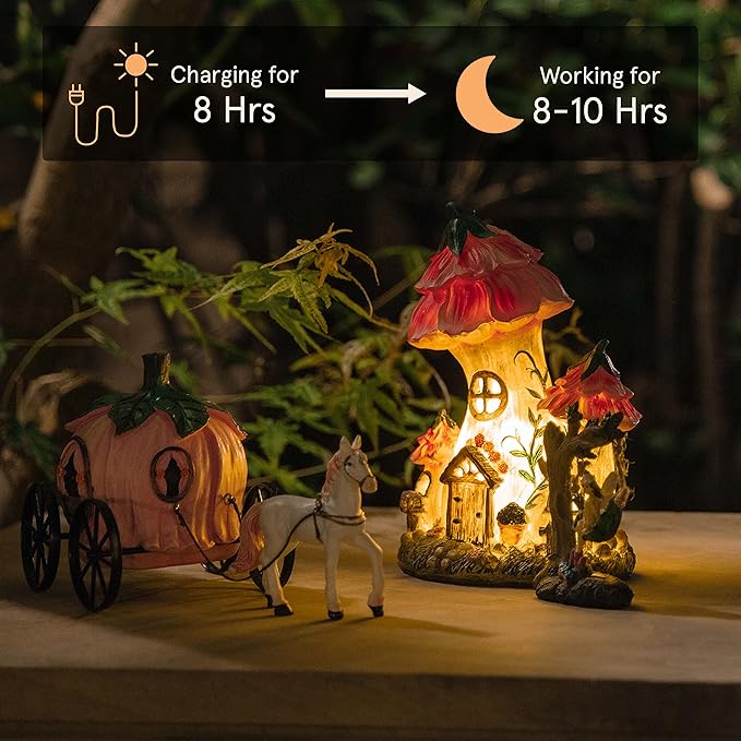LA Jolie Muse Resin Fairy Garden - Miniature Floral Roof Cottage with Solar LED Lights, Fairy House Figurine Set of 3 with Carriage, Outdoor Decor for Patio Yard Lawn, Gifts for Mom