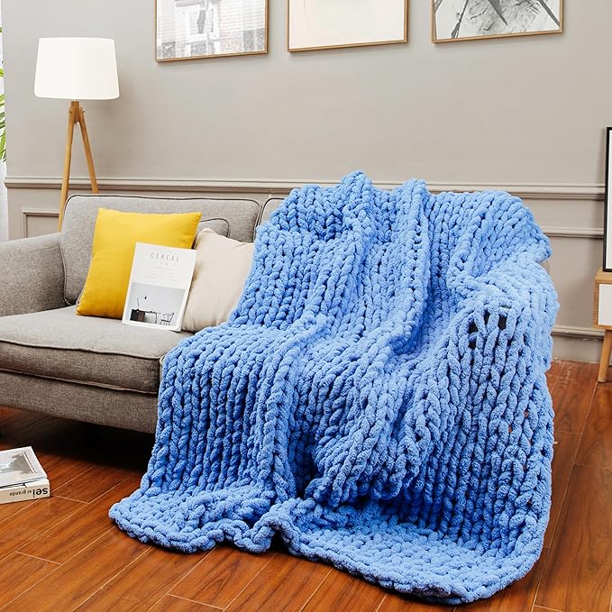clootess Chunky Knit Blanket Chenille Throw - Warm Soft Cozy for Sofa Bed Boho Home Decor (Blue 40x60 in)