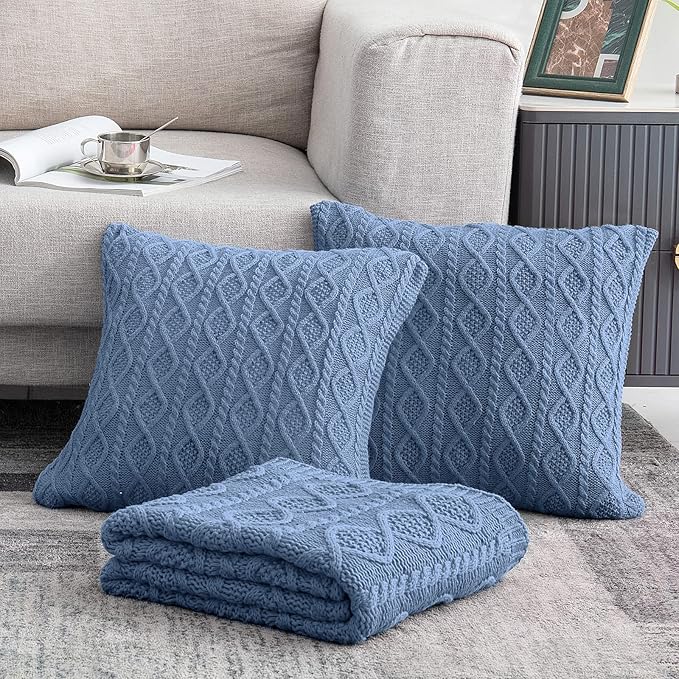 Homiest Cable Knit Throw Blanket & Pillow Set, Dusty Blue Set of 3, Knitted Blanket (50"x60") & 2 Pillow Covers (18"x18"), Soft & Cozy Decorative Couch Bed Sofa