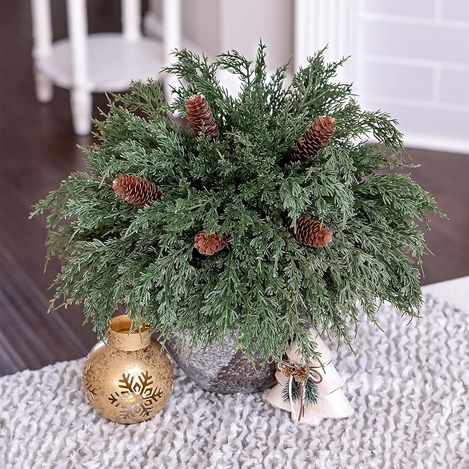 Cedar Stems Artificial Norfolk Pine Branches for Christmas Decor, 12 PCS Fake Pine Stems with 5 PCS Big Pine Cones Branches Realistic Fake Plants Faux Greenery for Vases DIY Garland Xmas Table Indoor