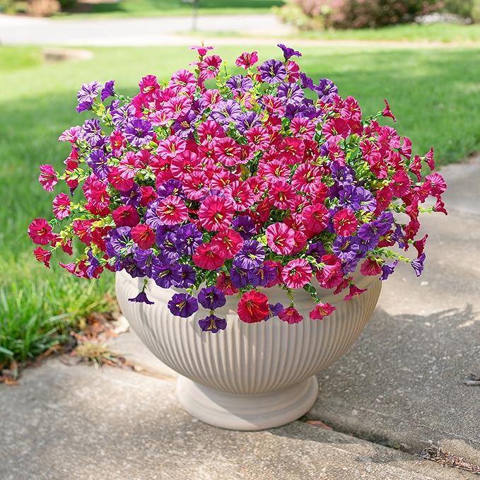 Artificial Flowers for Outdoors Fake Plants Outside Decoration, 12 Bundles Silk Colorful Morning Glory with Eucalyptus UV Resistant Realistic Faux Flowers for Planter Porch Patio Yard Garden