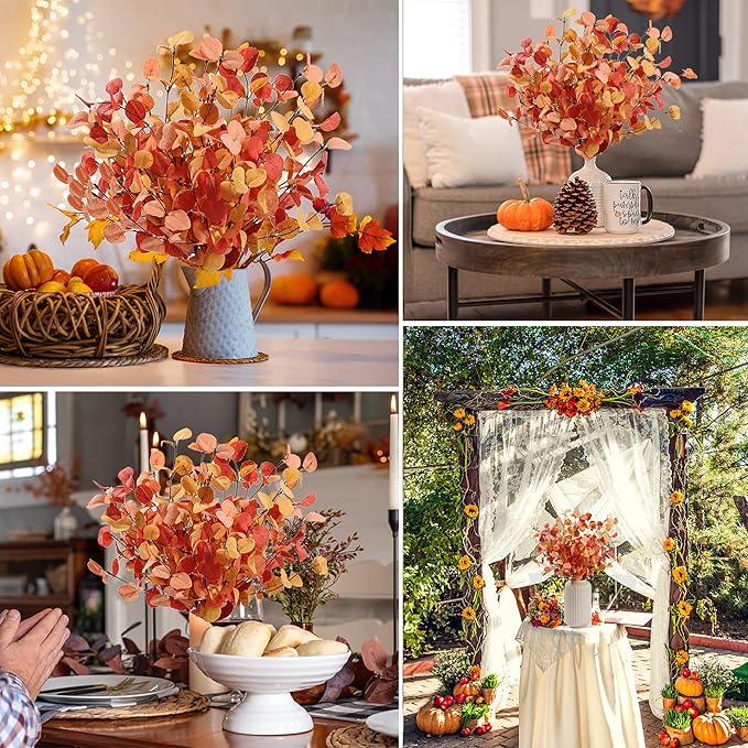5 Bunches Artificial Fall Eucalyptus Stems Leaves, 24" Autumn Faux Eucalyptus Plant Fake Silk Foliage Artificial Flowers for Autumn Decorations, Floral Arrangement,Thanksgiving Halloween Décor