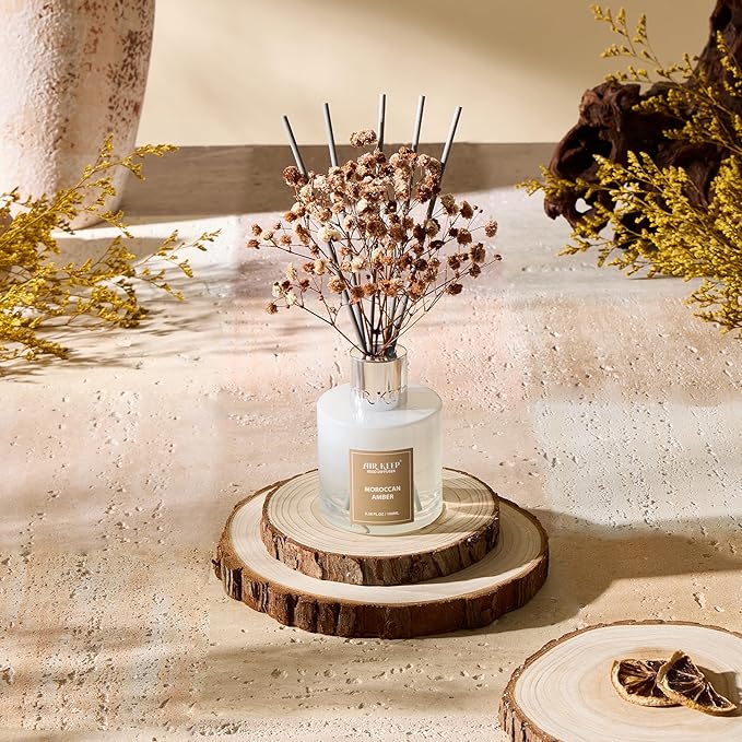 Airkeep Reed Diffuser Set,3.38 fl oz (100 ml) - Moroccan Amber Oil Diffusers with 8 Reed Sticks, Home Fragrance Reed Diffuser for Bathroom Shelf Decor