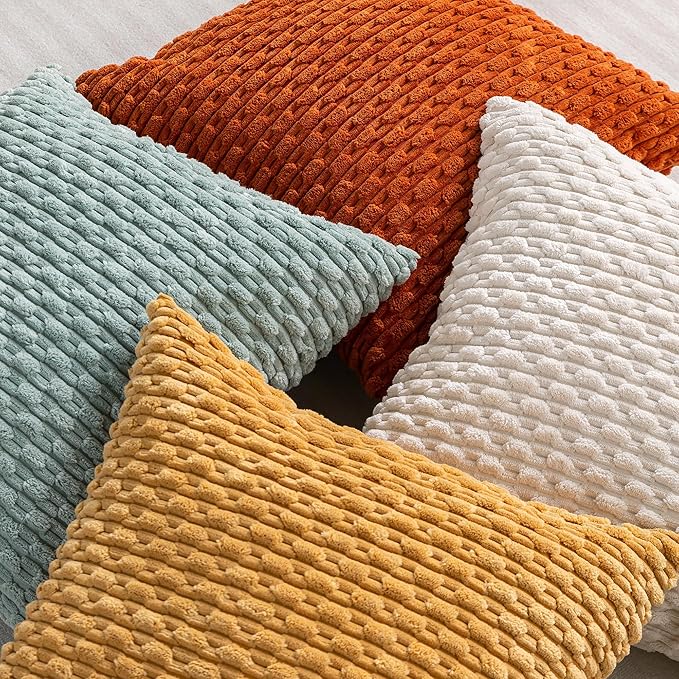 Set of 4 Yellow Rust Aqua Decorative Throw Pillow Covers 20x20 Inch Corduroy Pillow Covers for Bed Couch Sofa Living Room Soft Square Cushion Cases