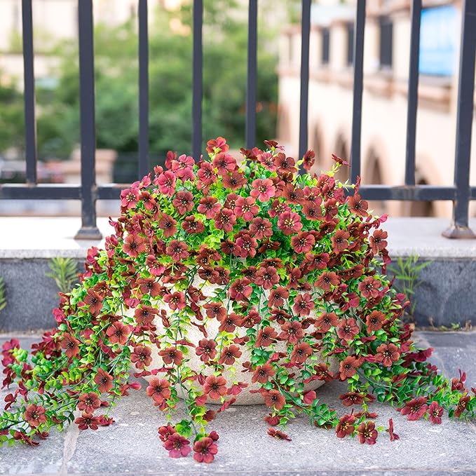 Artificial Mums for Outdoors Fake Hanging Flowers for Fall Decoration, 2 PCS Silk Daisy Flower Realistic Faux Plants UV Resistant for Porch Patio Window Yard Outside Autumn Decor(Brown)