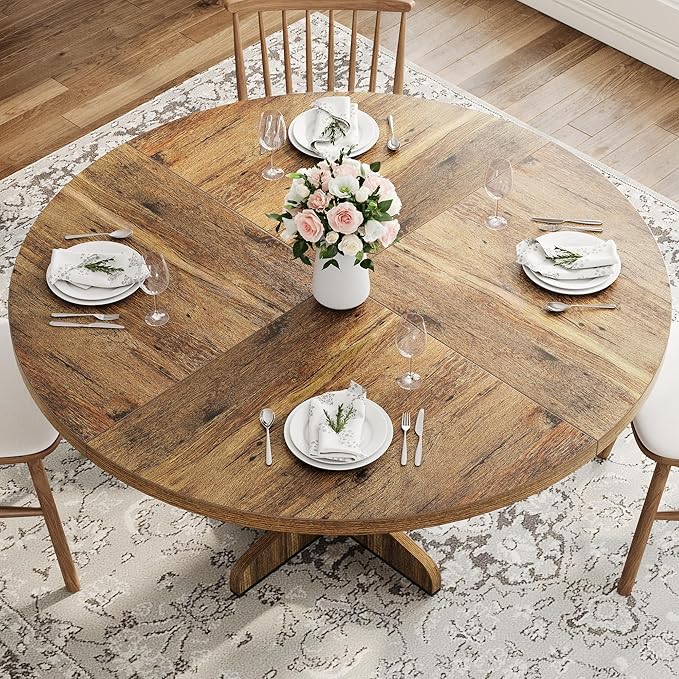 IDEALHOUSE Round Dining Table for 4, 47 Inches Circle Dining Room Table with Wooden Base for Kitchen, Living Room (Table Only), Brown
