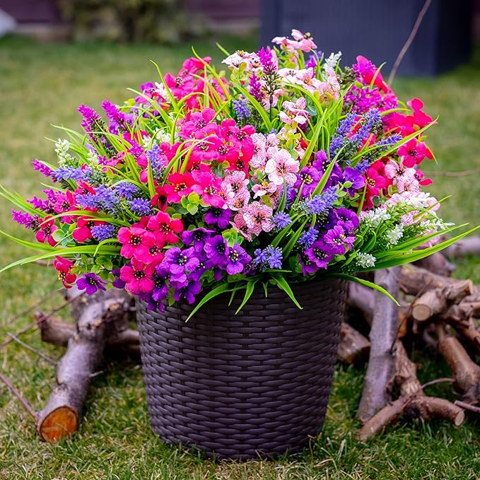 Artificial Flowers Outdoor Shrubs - 16 Bundles Fake Plants UV Resistant No Fade Faux Plastic Greenery Home Garden Porch Patio Decoration Office Indoor (1, Multi-16pcs)