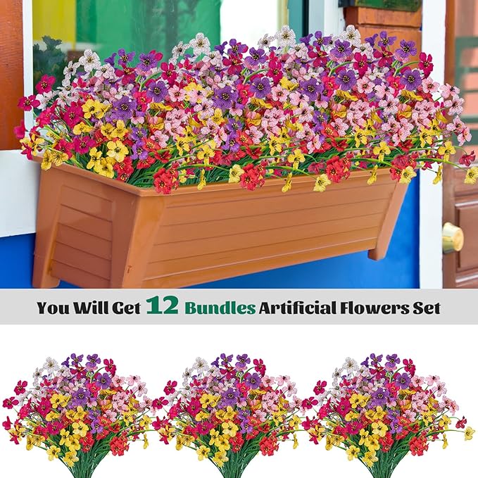 Lnoicy 12 Pcs Artificial Flowers for Outdoor,Plastic Flowers Decoration, UV Resistant Faux Flowers Shrubs, Artificial Plants for Indoor Outside Garden Home Wedding Farmhouse（6 Color）
