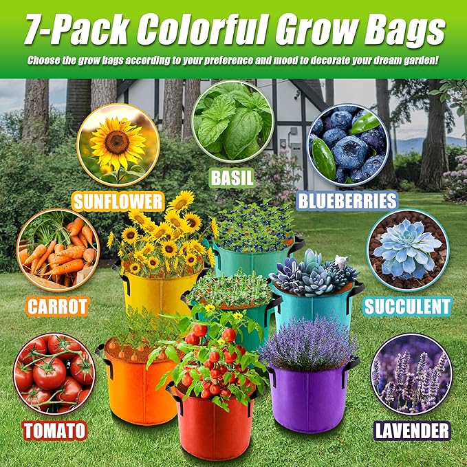 7 Gallon Grow Bags, 7 Pack Colorful Fabric Plant Pots with Handles for Garden and Outdoor Planting