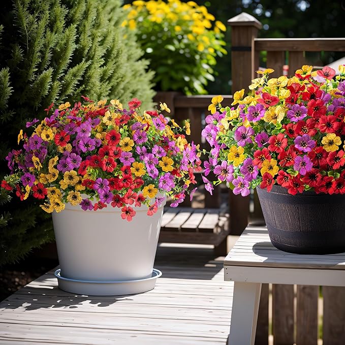 Fall Mums Artificial Flowers for Outdoors Potted, 12 Bundles Fake Fall Daisy Flower with Realistic Eucalyptus Leaves, Fake Plants for Greenery Boxwood Porch Patio Garden Pot Lawn(Red Purple Yellow)