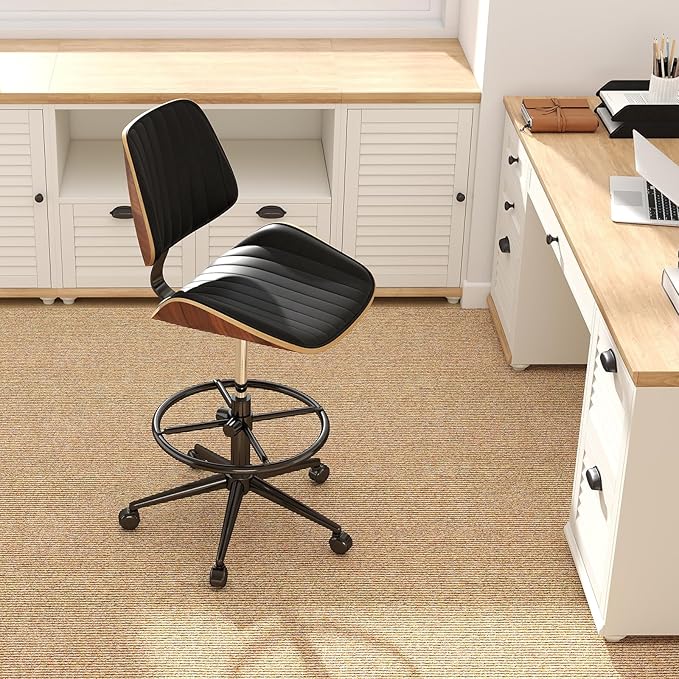 Drafting Home Office Chair, Swivel Desk Chair with Bend Wood Backrest, Ergonomic Office Chairs with Adjustable Height and Footrest Ring for Bar Lab Counter Height Desk and Drawing, Black