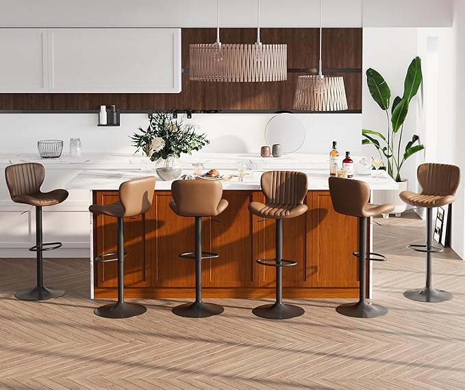 SUNLEI Swivel Swivel Bar Stools Set, Barstools Counter Height with Shell Shaped Backrest, Adjustable Moder Stools Pu Leather Bar Stool for Kitchen Counter, Island, Bars, Dining Room(Brown, Set of 6)
