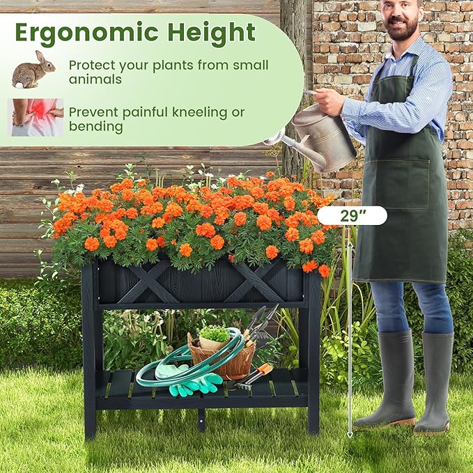 Giantex HIPS Raised Garden Bed, Elevated Planter Box w/Legs, Storage Shelf, Drainage Holes, Weather-Proof Standing Raised Beds for Backyard Balcony Flower Vegetable (Black, 34" x 18" x 29")