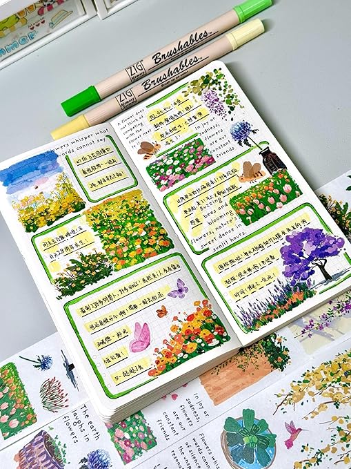 WT Spring Oasis Washi Tape Sticker Set, 3 Rolls, Original Designs, Nature-Inspired Floral Decorative Masking Tape, Wide Craft Tape, Bujo Planner Supplies, Adhesive Wrapping Tape, DIY Paper Tape