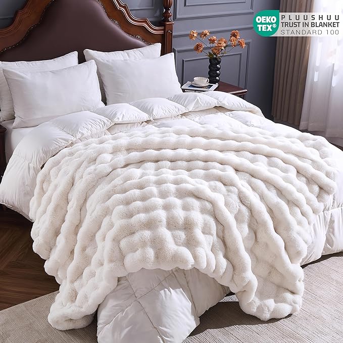 Faux Fur Throw Blanket for Couch, Fluffy Fuzzy Plush Bubble Blanket, Soft Warm Cozy Shaggy Rabbit Blanket, Luxury Decorative Gifts for Sofa Bedroom Living Room, 108x90inch (Beige)