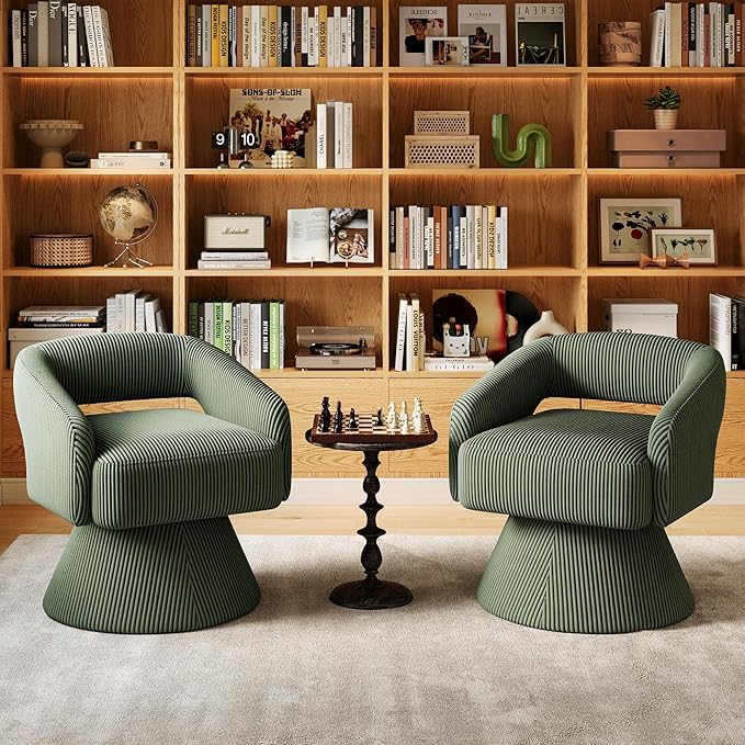 LINSY Swivel Accent Chair, Small Barrel Chair 360 Swivel Modern Armchair, Upholstered Reading Chair for Small Spaces Living Room, Vanity Chair for Bedroom, Green