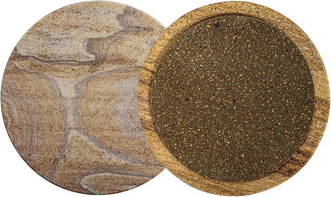 Sandstone Water Absorbent Hand Crafted Round Coasters for Drinks - 4 Inches Wide Thirsty Stone Bar/Drink Coasters- Made from Rainbow Sandstone (Set of 4 with Holder)