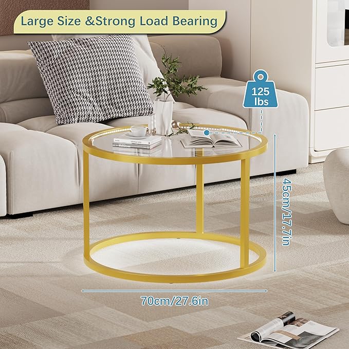 Glass Coffee Table Modern Center Table,Minimalist Round Coffee Tea Table with LED Lights,Simple Tea Cocktail Modern Center Tables for Home, Office, Bedroom,Gold