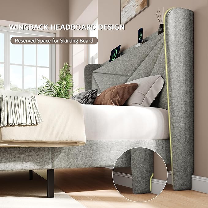 iPormis Full Size Bed Frame with Charging Station, Linen Platform Bed Frame with Wingback Headboard Upholstered Bedframe, Solid Wood Slats Support, No Box Spring Needed, Easy Assembly, Light Grey