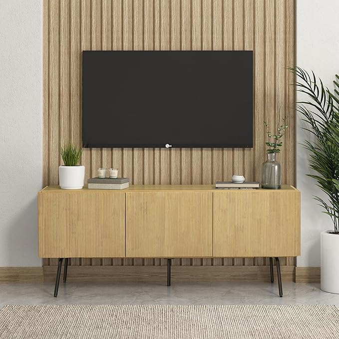 NTC Veil TV Stand with 3 Doors for TVs up to 60’’, Media Console with Vertical Groove Design and Metal Legs, Modern Entertainment Center for Living Room and Bedroom, Effortless Assembly, Sand