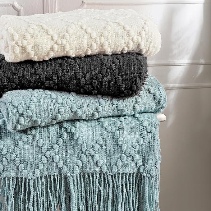 BOURINA Black Throw Blanket 50 x70 Inches Jacquard Argyle Throw Textured Solid Soft Throws and Blankets for Sofa or Bed Knitted Decorative Blanket