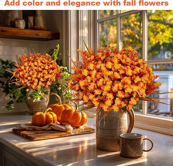 Artificial Fall Flowers Outdoor Fake Mums - 16 Bundles Fake Plants UV Resistant No Fade Faux Plastic Greenery Garden Porch Patio Fall Home Decor (1, OrangeGreen)