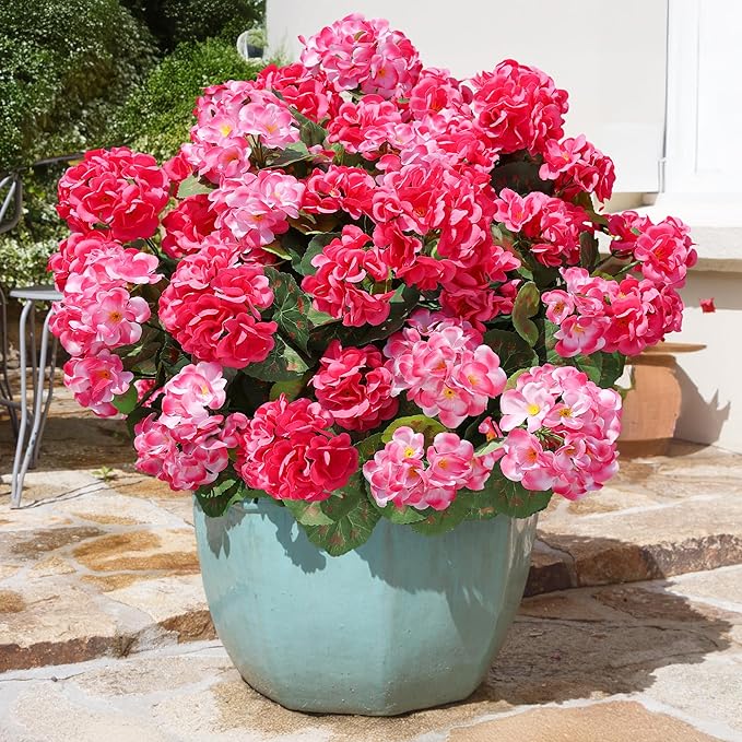 Artificial Geranium Fake Flowers for Outdoors Decoration, 6 Bundles Silk Geraniums Flower UV Resistant Look Real Faux Plants for Front Door Garden Porch Planter Patio Balcony Yard Indoor Home, Mix