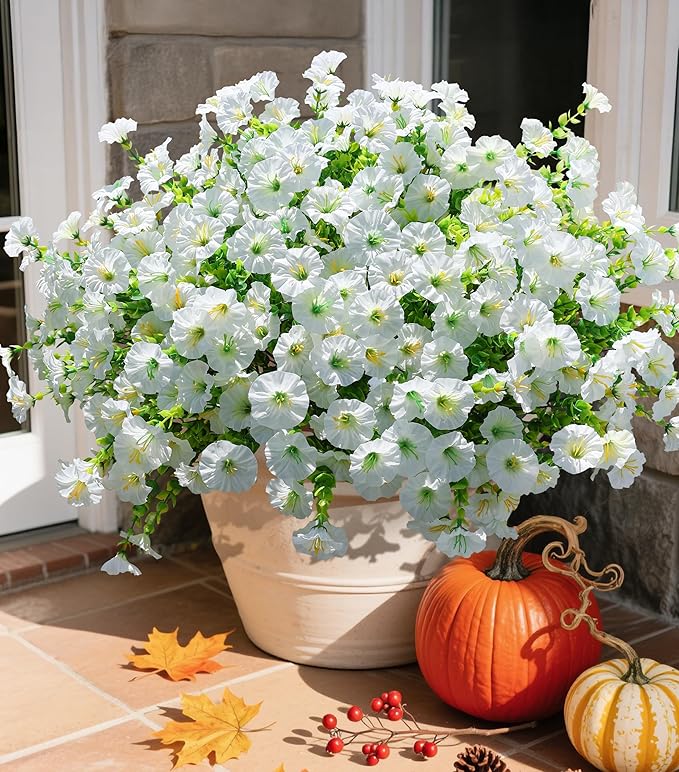 Artificial Flowers Fake Plants for Outdoors Decoration, 12 Bundles White Silk Morning Glory with Eucalyptus Realistic UV Resistant Faux Flowers for Outside Planter Porch Yard Patio Garden Home Indoor