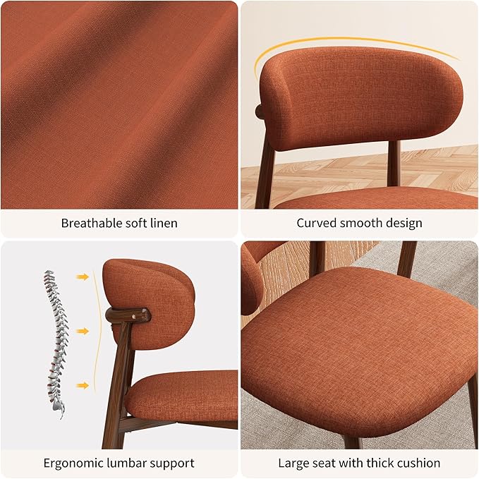 Kitchen Dining Chairs Set of 6 Modern Soft Linen Farmhouse Dining Room Chair with Metal Legs, Orange/Walnut