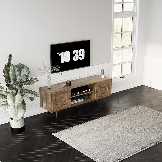 Modern TV Stand with Storage Cabinet, Wood Fashionable TV Cabinet with Waveform Panel and Adjustable Shelf, Entertainment Center TV Stand for TV, Living Room (Rustic Oak