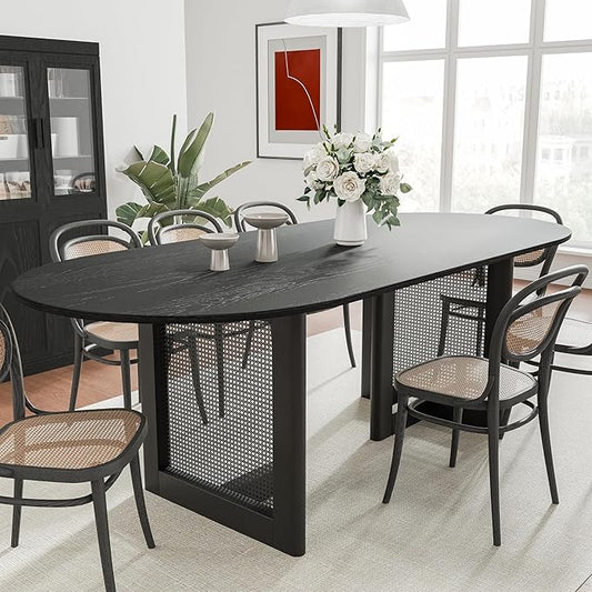 Casaphoria 79" Dining Table for 8, Wood Kitchen Table with Scratch-Resistant Top & Rattan Base, Modern Farmhouse Oval Dining Table for Living Room, Kitchen, Easy Assembly, Black (Chairs not Included)