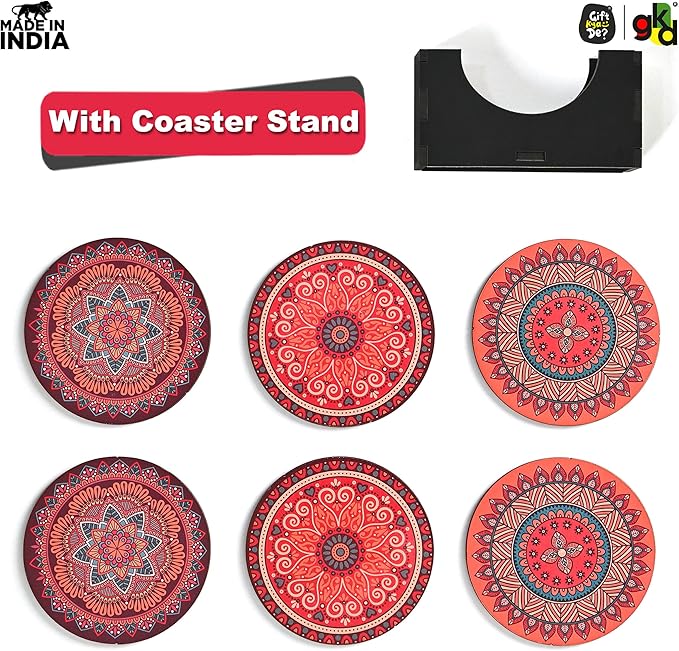 GKD Wooden Coasters for Drinks, Coasters Set of 6 with Holder, 3.5 inches Eco-Friendly Absorbent Coaster for Coffee Table, Bar, Drinking Glasses, Tabletop Protection (1, Rangoli)