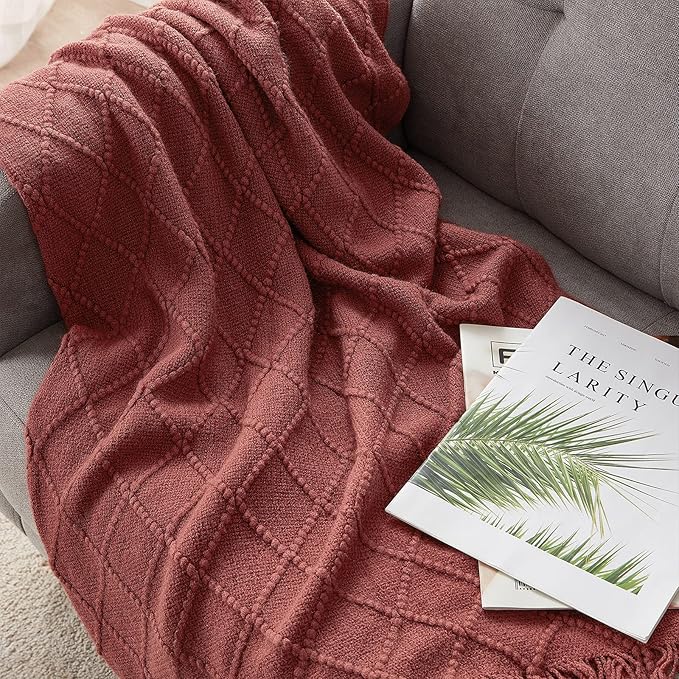 BOURINA Burgundy Throw Blanket 50x60 Inches Throw Textured Solid Soft Sofa Couch Decorative Knit Blanket