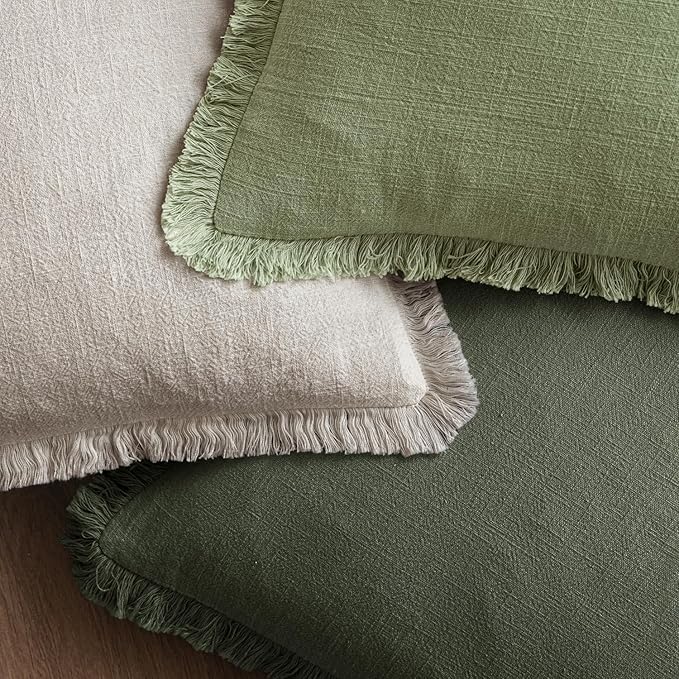 MIULEE Decorative Throw Pillow Covers Neutral Linen Fringe Throw Pillows Set of 2 Rifle Green Boho Farmhouse Cushion Covers with Tassels for Couch Sofa Bed Living Room Spring Home Decor 18x18 Inch
