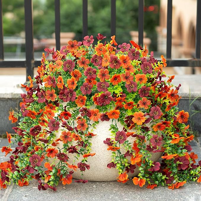 Fake Mums Artificial Hanging Flowers for Outdoor Fall Decoration, 2 PCS Silk Daisy Flower Realistic Faux Plants UV Resistant for Porch Patio Window Yard Outside Autumn Decor(Orange Brown)
