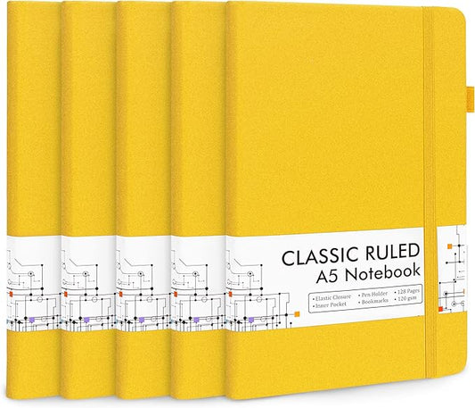 feela 5 Pack Journal Notebook Bulk for School, Hardcover Business Notebooks Classic Ruled Lined Journals with Pen Holder for Work Note Taking, with 5 Black Pens, 120 GSM, 5.1”x8.3”, A5, Yellow