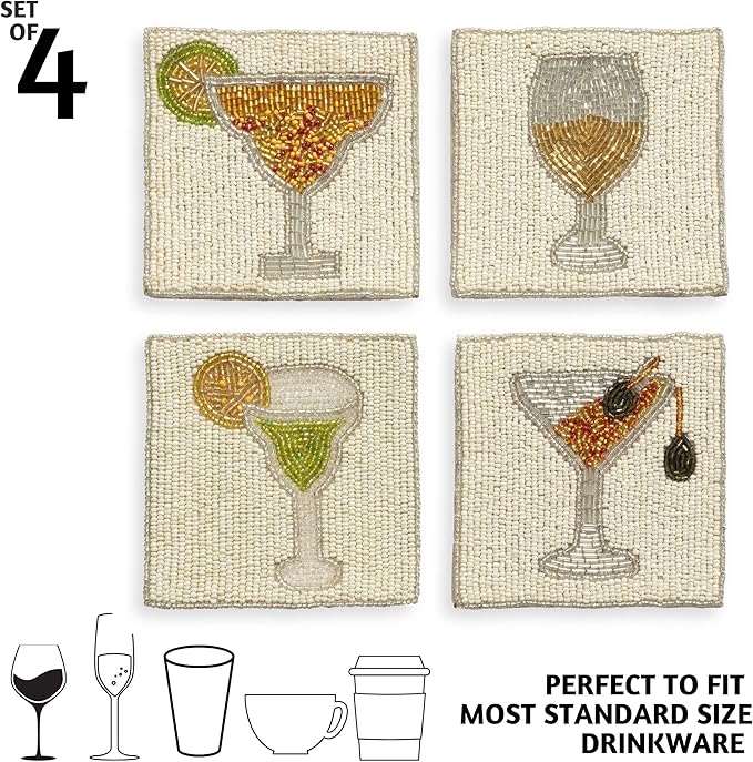 Folkulture Boho Coasters for Drinks or Coffee Table | 4" Cute Coasters for Farmhouse Style Table | Square Decorative Coaster Set for Table Decorations | Gifts for Men or Women