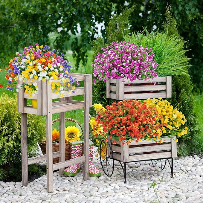 Ouddy Decor 24 Bundles Artificial Flowers for Outdoors UV Resistant Fake Plastic Plants Faux Boston Fern Greenery Stems for Spring Summer Indoor Garden Patio Window Box Kitchen Home Decor, Mixedcolor