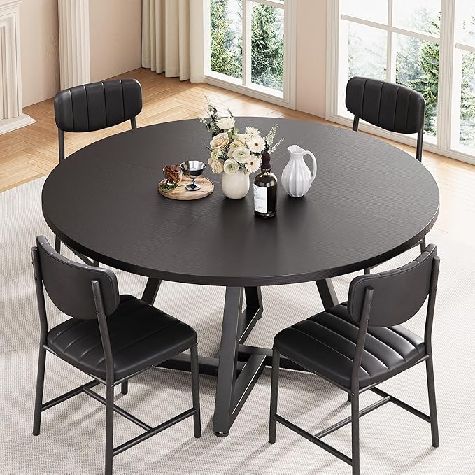 51“ Round Kitchen Dining Room Table for 6-8, Circle Dining Dinner Table with Pedestal Metal Frame, Space Saving Wood Industrial Furniture for Small Space (Black, 51In)