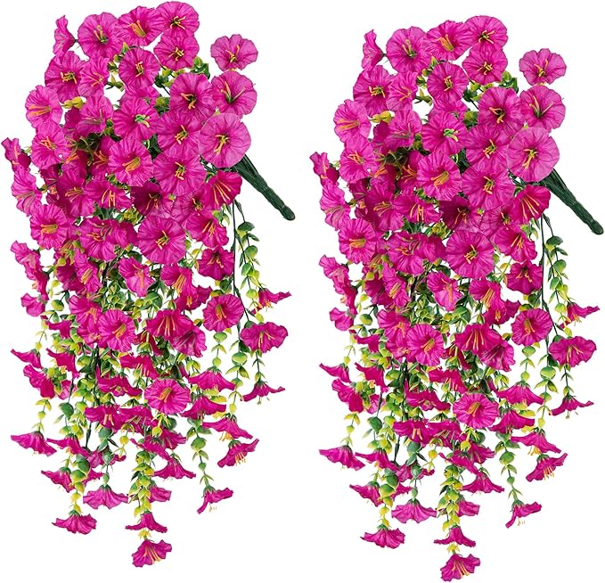 Ivydale 2 PCS Artificial Hanging Flowers Fake Plants Outdoor,Silk Morning Glory Faux Flowers with Eucalyptus Leaves,UV Resistant Realistic Hanging Petunias Plants for Home Garden Decor (Fuchsia)