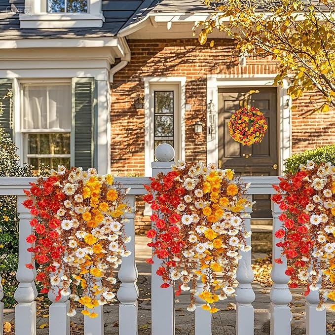 8PCS Artificial Fall Hanging Flowers for Outdoor, Fake Silk Petunias Plants, Fake Mums, Fall Outdoor Decoration, UV Resistant, Morning Glorias, for Home Garden Porch Decor (Early Harvest)